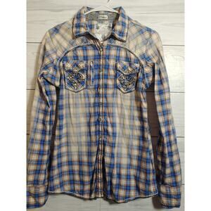 Roar Blue and Tan Plaid Button Down Shirt